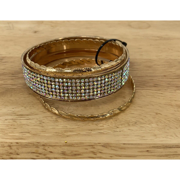 Retro Rhinestone Gold Tone Bangle Carved Bracelet Stackable Circles Set of 5 - Picture 3 of 11